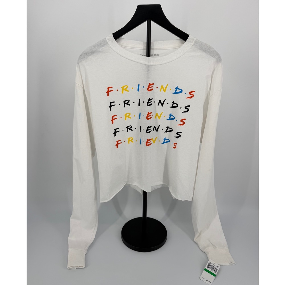 Love Tribe Friends Graphic Tee Womens Large White NWT Cropped Long Sleeve TShirt
